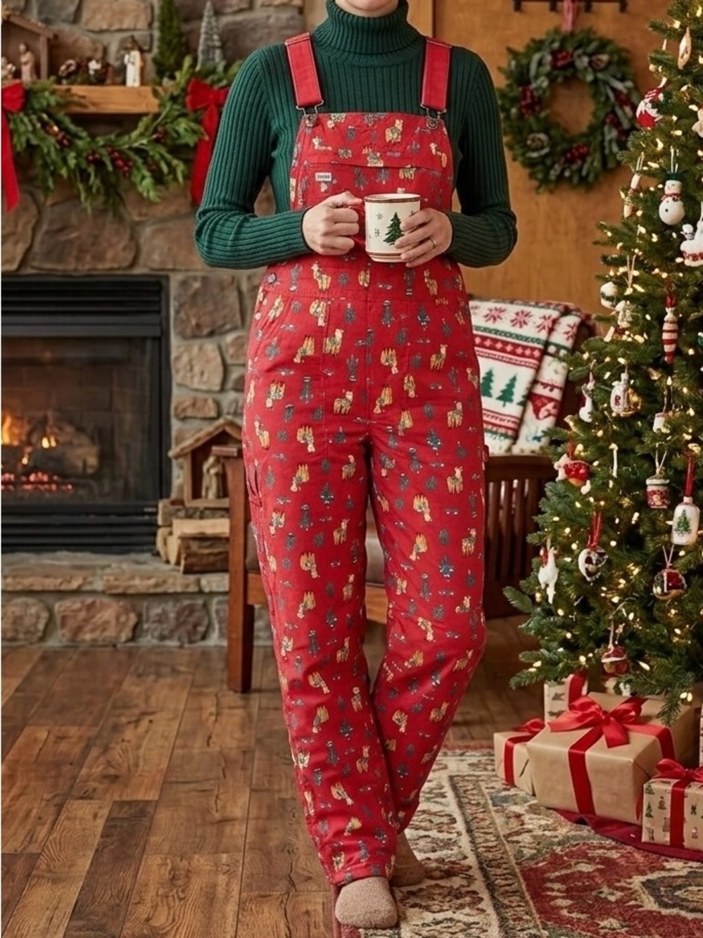 Duluth Trading Co Heirloom Overalls Fa-La-Llama Christmas Red